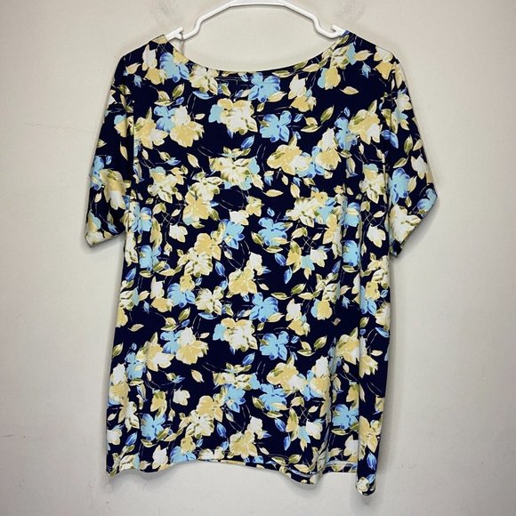 Zac & Rachel Women Plus 1X Floral Top Blue Yellow Short Sleeve Stretch Shirt - Picture 3 of 9